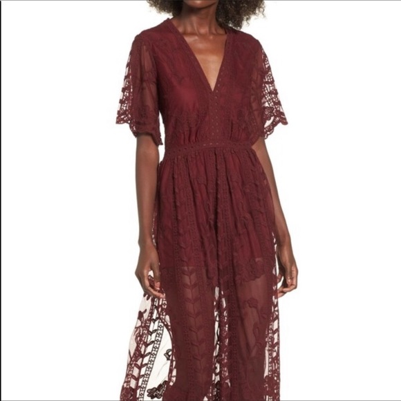 Socialite Burgundy Embroidery and Lace Maxi Dress - Picture 2 of 12